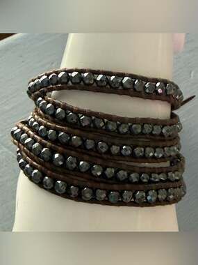 Chan Luu Hematite Faceted Bead Wrap Bracelet on Brown Leather